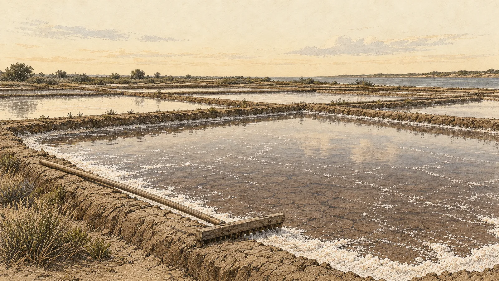 A shallow clay-bottomed crystallisation basin divided by low earth walls, a wooden rake laid across one edge