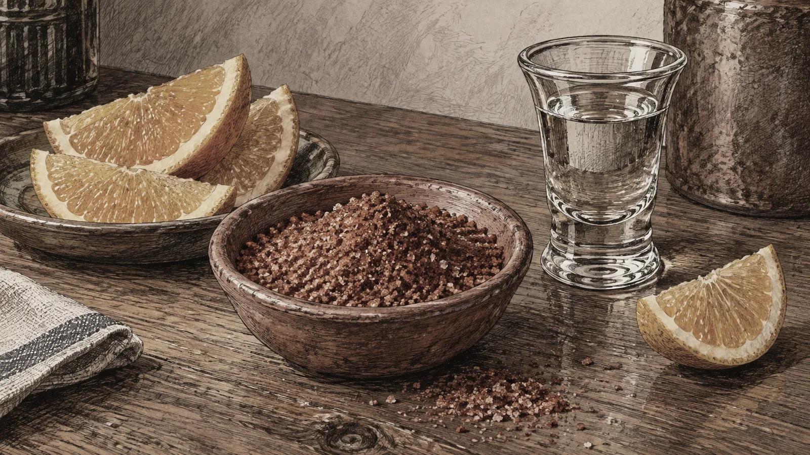 A small clay dish of brick-red worm salt beside orange slices and a copita of mezcal on a wooden table
