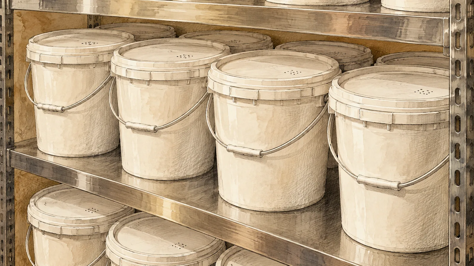 Sealed white salt buckets on a steel shelf, each lid printed with a faint ink-jet lot code