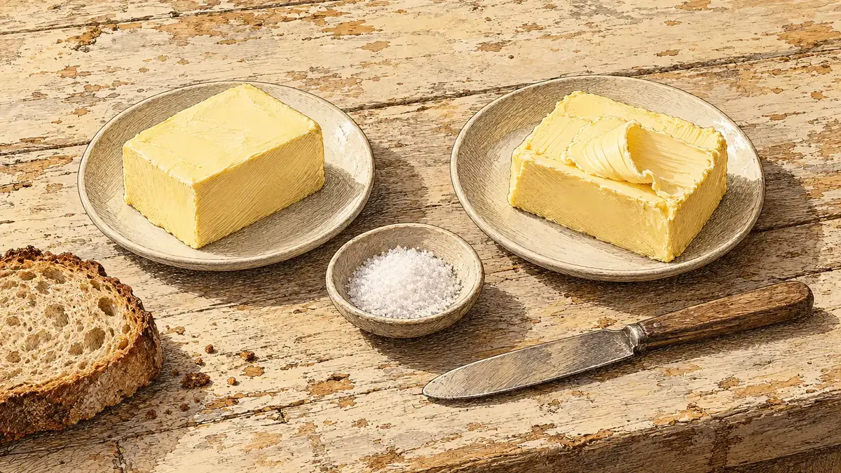 Illustration of two butter blocks on ceramic dishes beside a small bowl of salt, bread and a butter knife