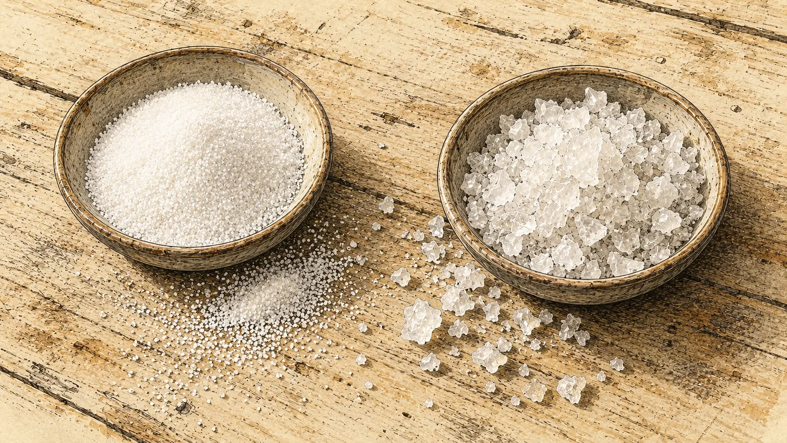 Two ceramic dishes on a worn table, one holding uniform fine table salt and the other irregular translucent sea salt crystals