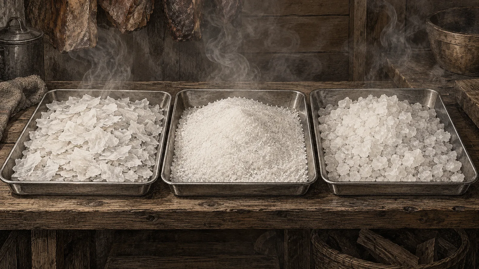 Three shallow steel trays of salt side by side, flake, fine and coarse, under a thin haze of smoke in a dim wooden smokehouse