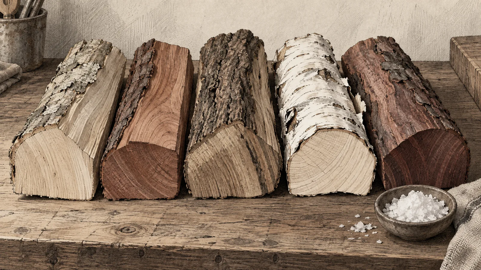 Five split billets of pale alder, reddish cherry, dense hickory, white-barked birch and dark red gum laid on a workbench beside a small dish of flake salt