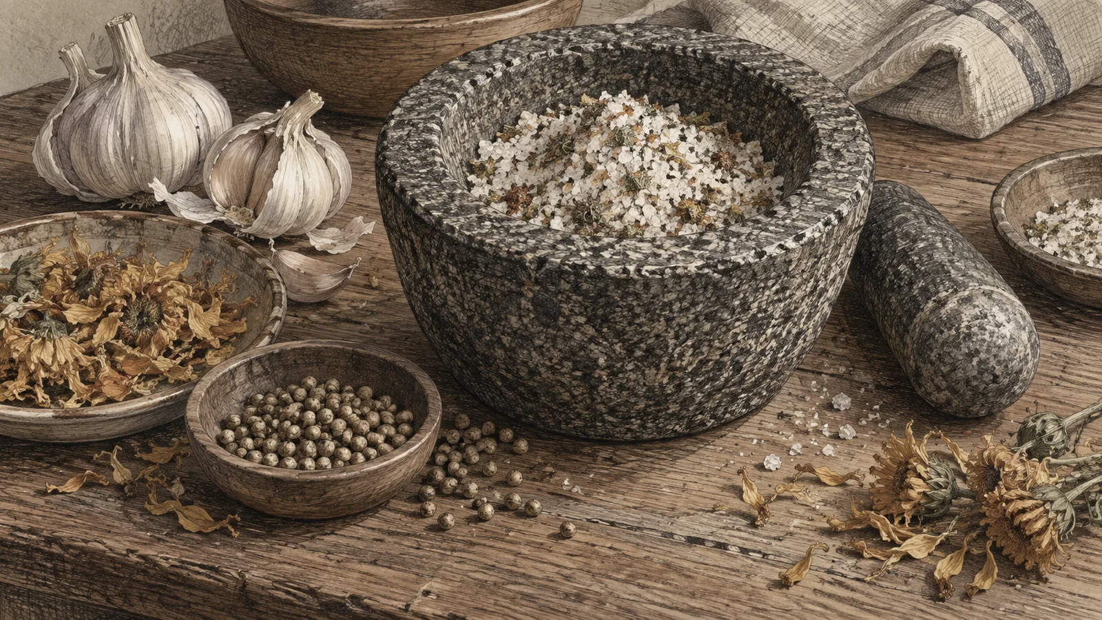A stone mortar of damp, rust-flecked seasoned salt beside dried marigold petals, coriander seed and garlic on a scrubbed wooden table
