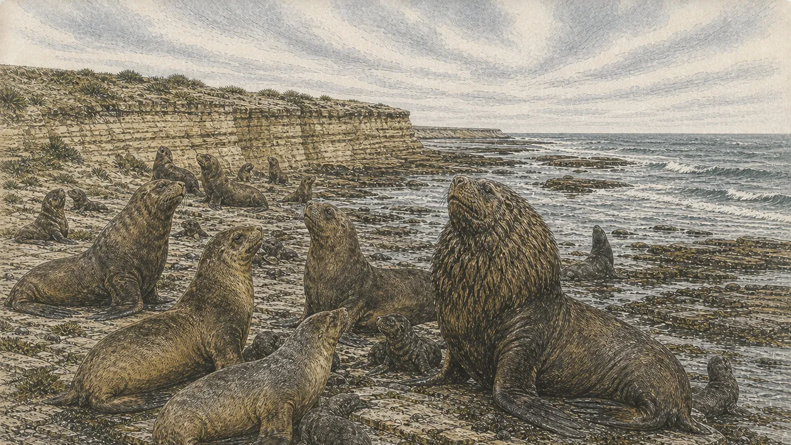 Southern sea lions hauled out on a rock platform below a low banded cliff, cold surf beyond