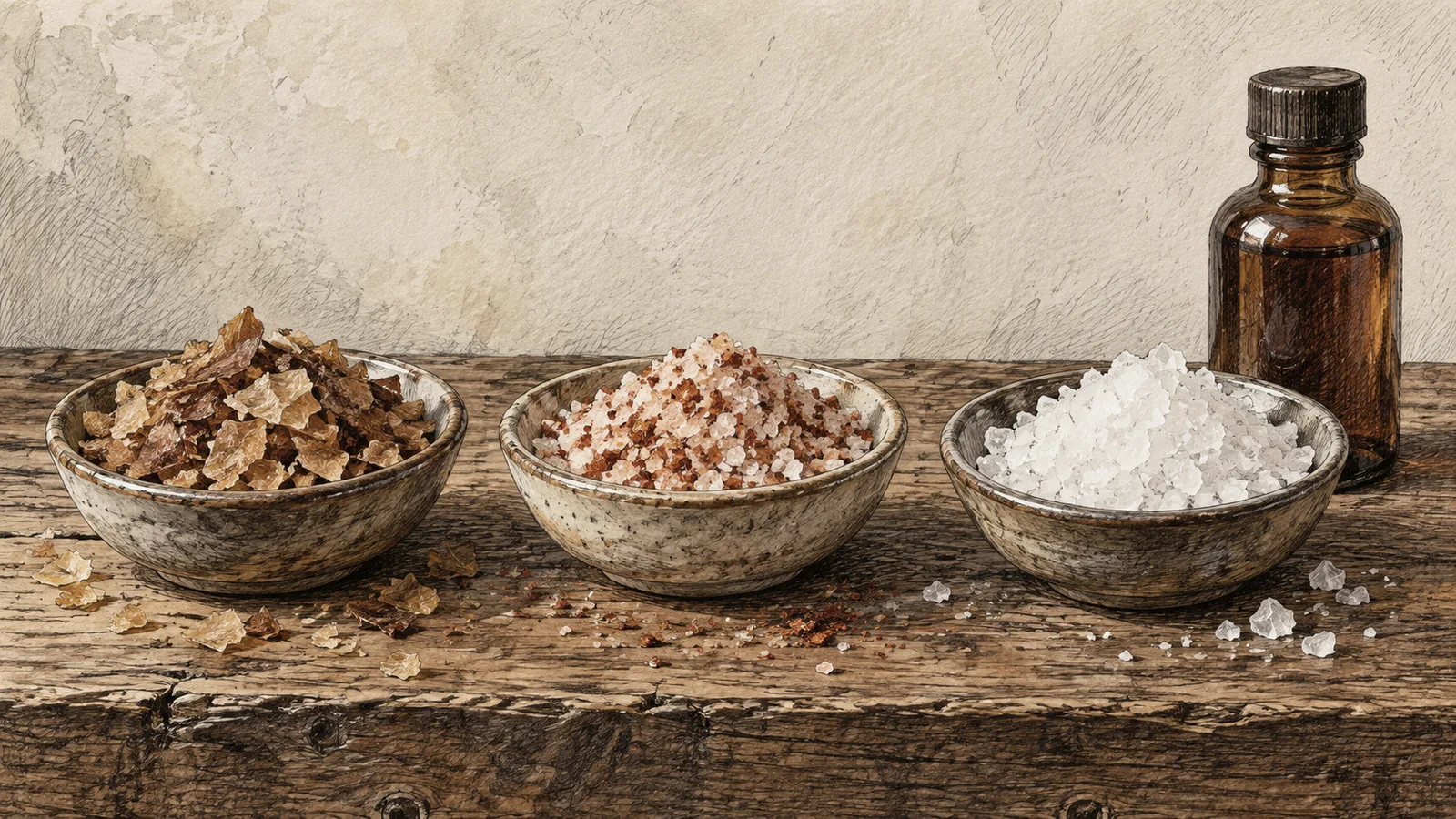 Three small ceramic dishes on a worn wooden bench: amber salt flakes, pale salt flecked with red paprika, and white crystals beside a small bottle of liquid smoke