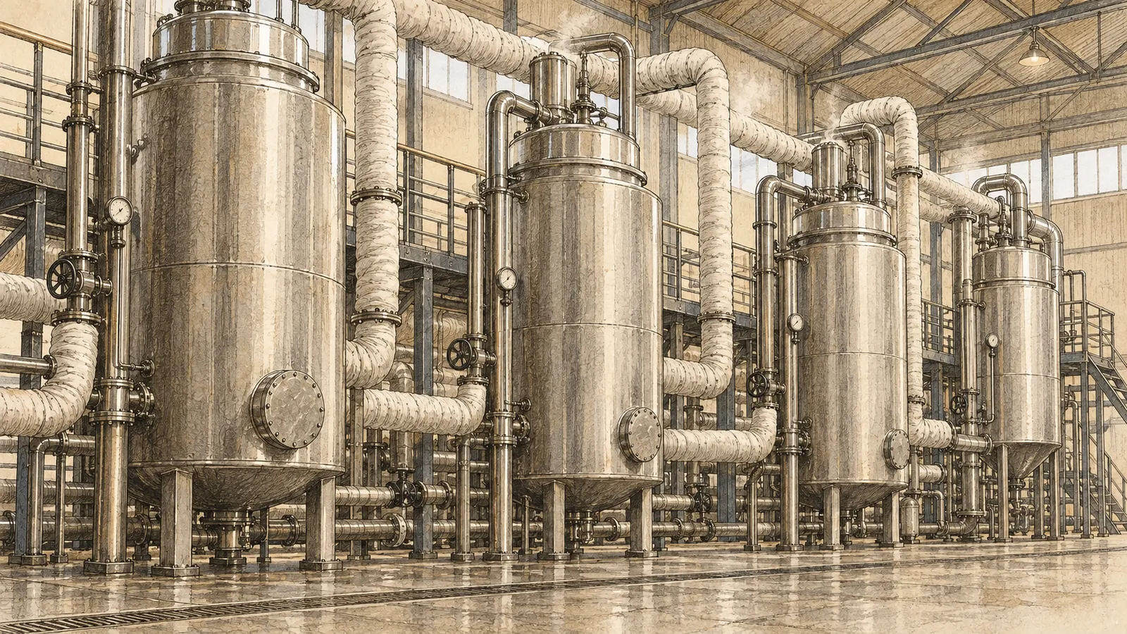 A row of tall stainless steel evaporator vessels and lagging-wrapped pipework inside a salt refinery hall