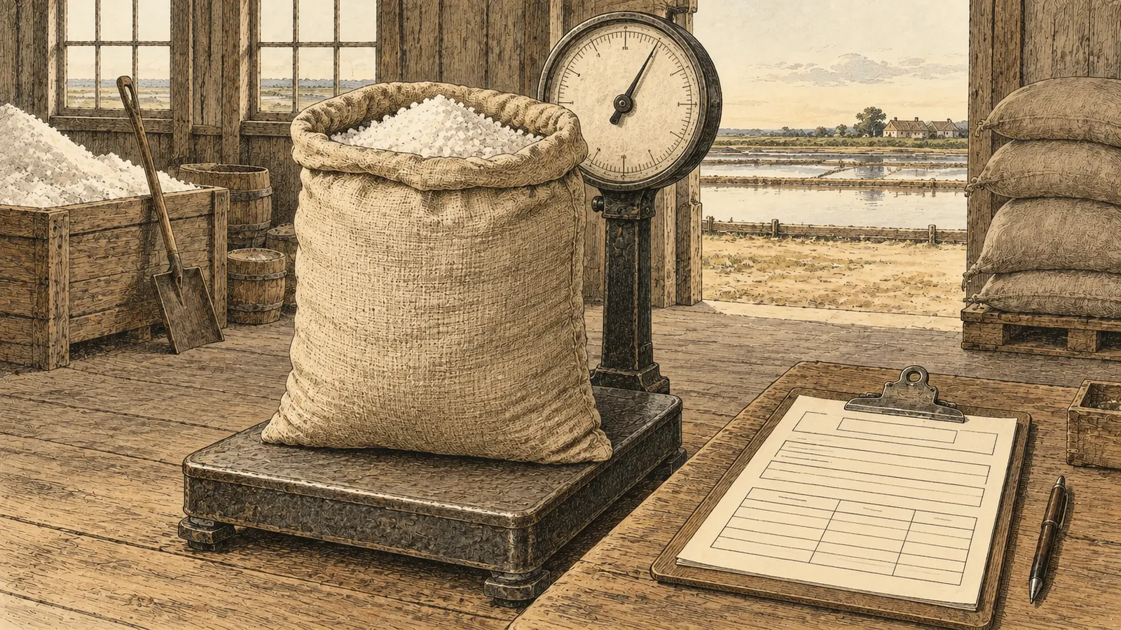 A lot-coded sack of salt on a packing-room scale beside a clipboard of printed paperwork