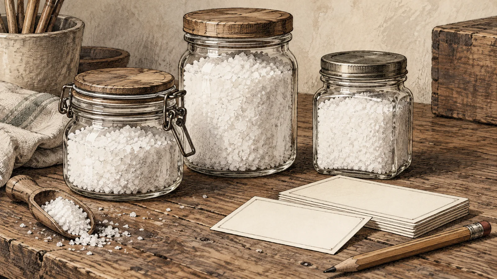 Plain glass jars of white salt on a wooden workbench beside a stack of printed label proofs and a pencil