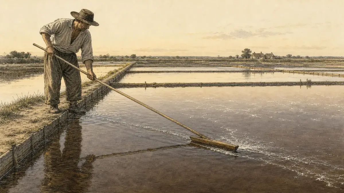 A salt worker skimming the surface of a shallow marsh pond with a long-handled board at dusk