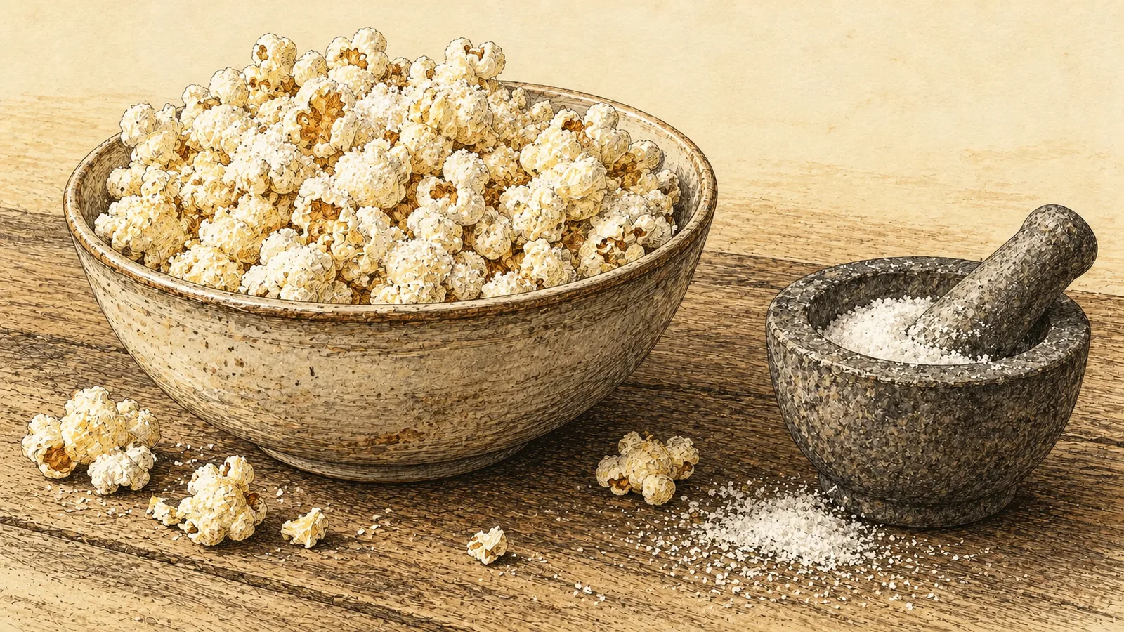 A bowl of freshly popped corn dusted with very fine salt beside a stone mortar and pestle