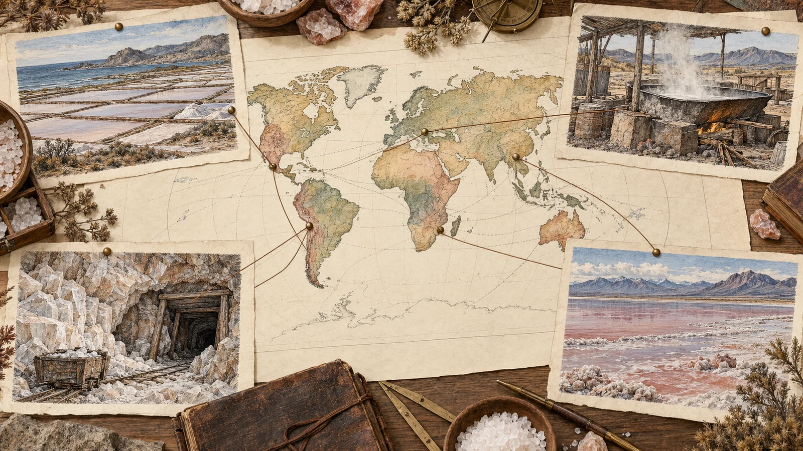 An engraved editorial desk with an unlabeled world map linked to small studies of coastal ponds, a boiling pan, a salt mine and an inland saline lake