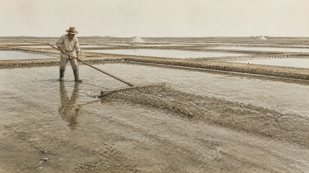 A worker drawing a long rake across the clay floor of a salt pond, grey salt heaped behind