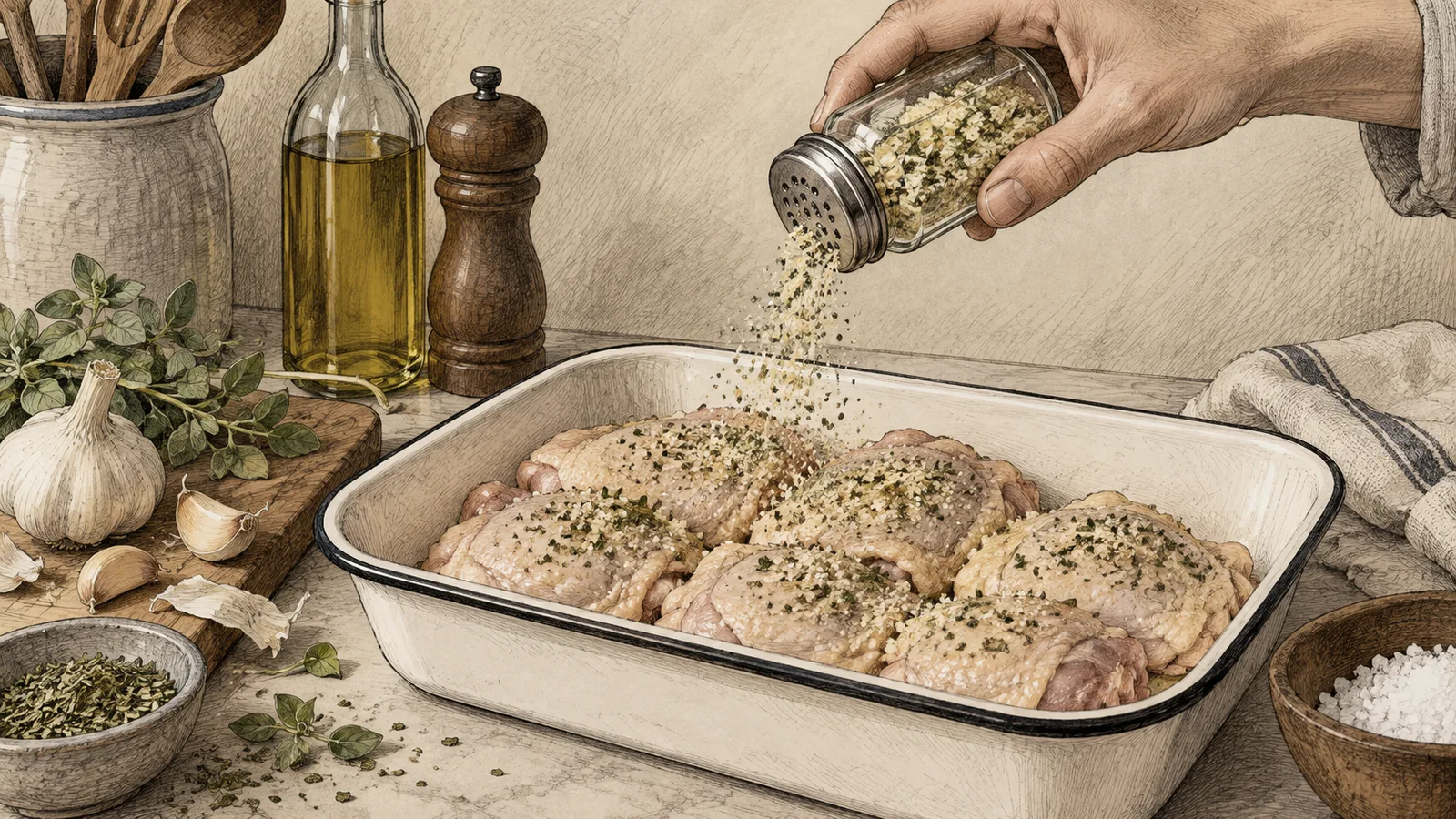 A pale yellow garlic-and-oregano seasoning being shaken over raw chicken thighs in a white enamel dish