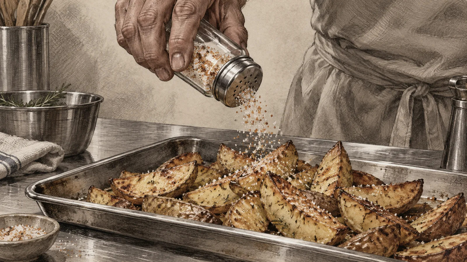 An orange-flecked seasoned salt being shaken over a tray of golden roasted potato wedges on a steel counter
