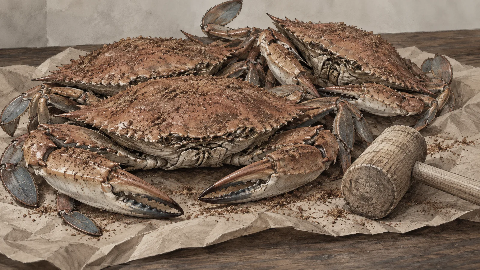 Steamed blue crabs on brown paper dusted with a red-brown seasoning, a wooden mallet beside them
