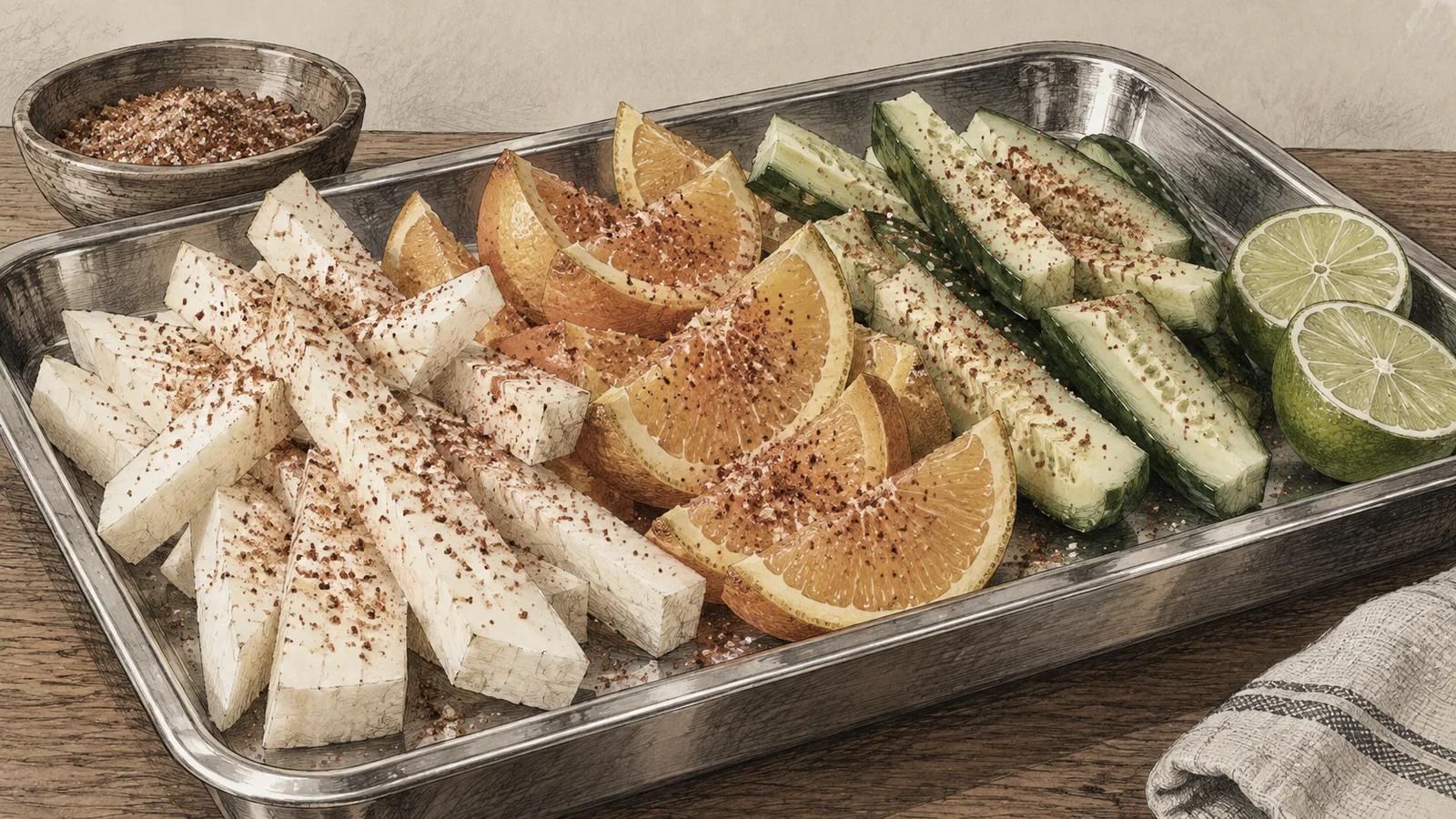 Wedges of jicama, orange and cucumber on a street-cart tray, dusted with red chile-lime salt beside halved limes