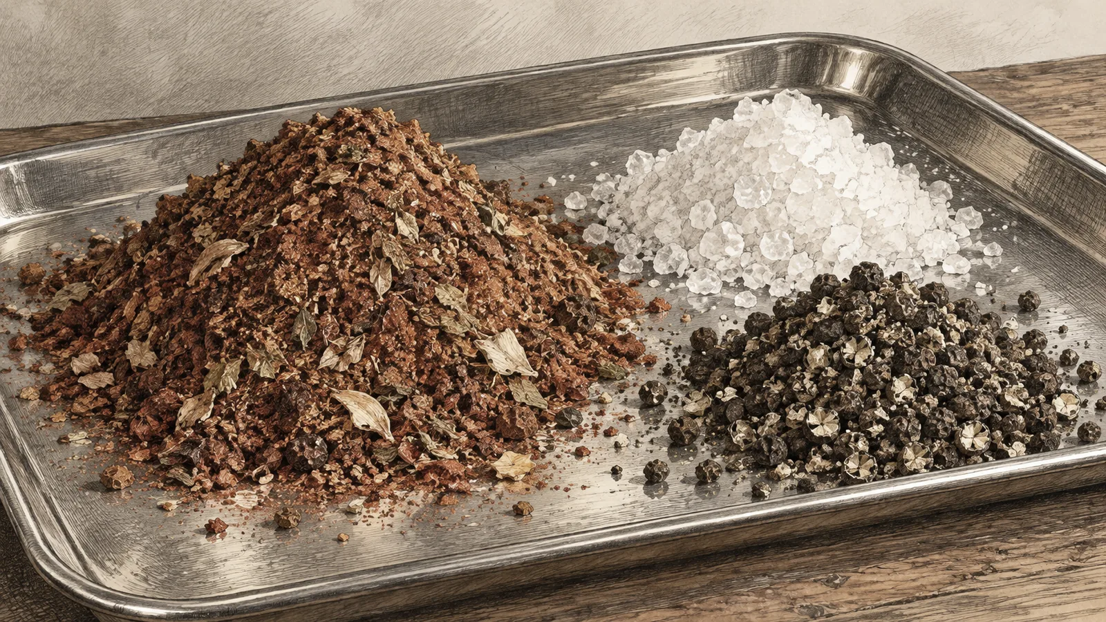 A heap of rust-red Creole seasoning on a steel tray beside a small mound of white salt and a pile of cracked black pepper