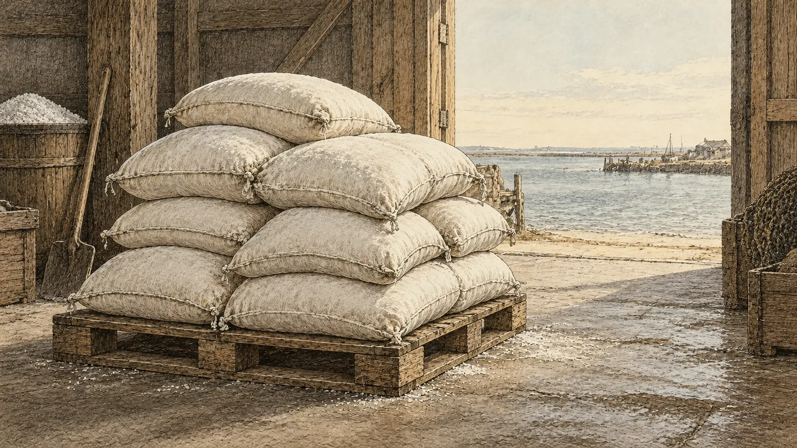 Unmarked white sacks of salt stacked on a wooden pallet inside a coastal warehouse doorway