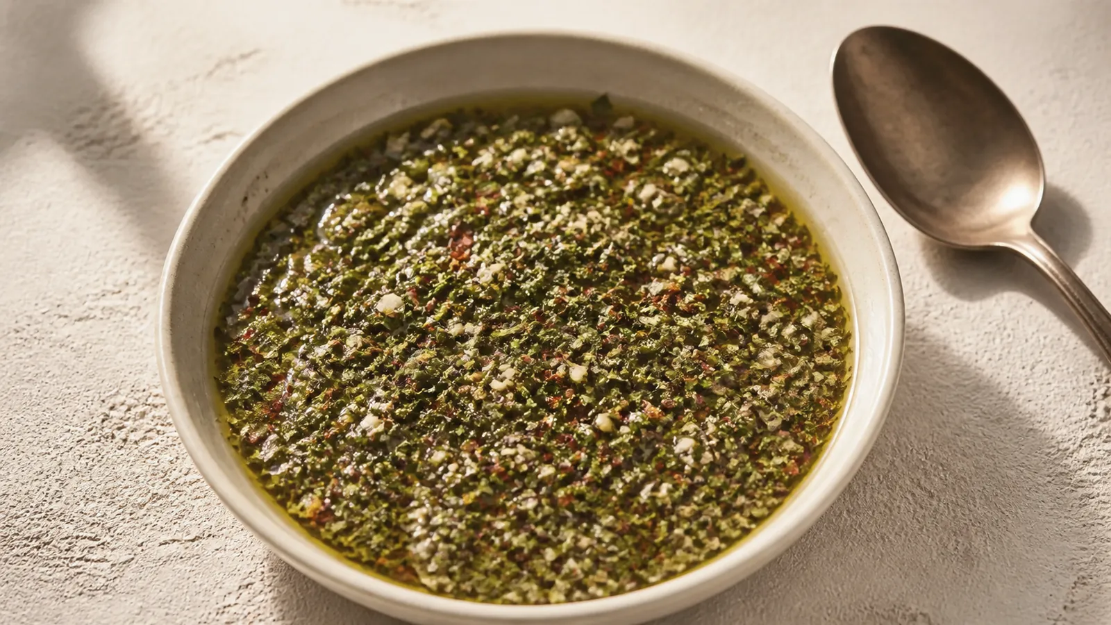 A bowl of coarse chimichurri, oil separating at the edges, individual flakes of oregano and chili visible