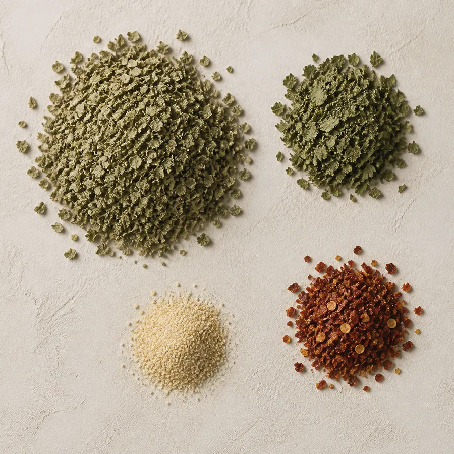 Dried oregano, parsley flakes, granulated garlic and crushed red chili in separate piles on a pale surface