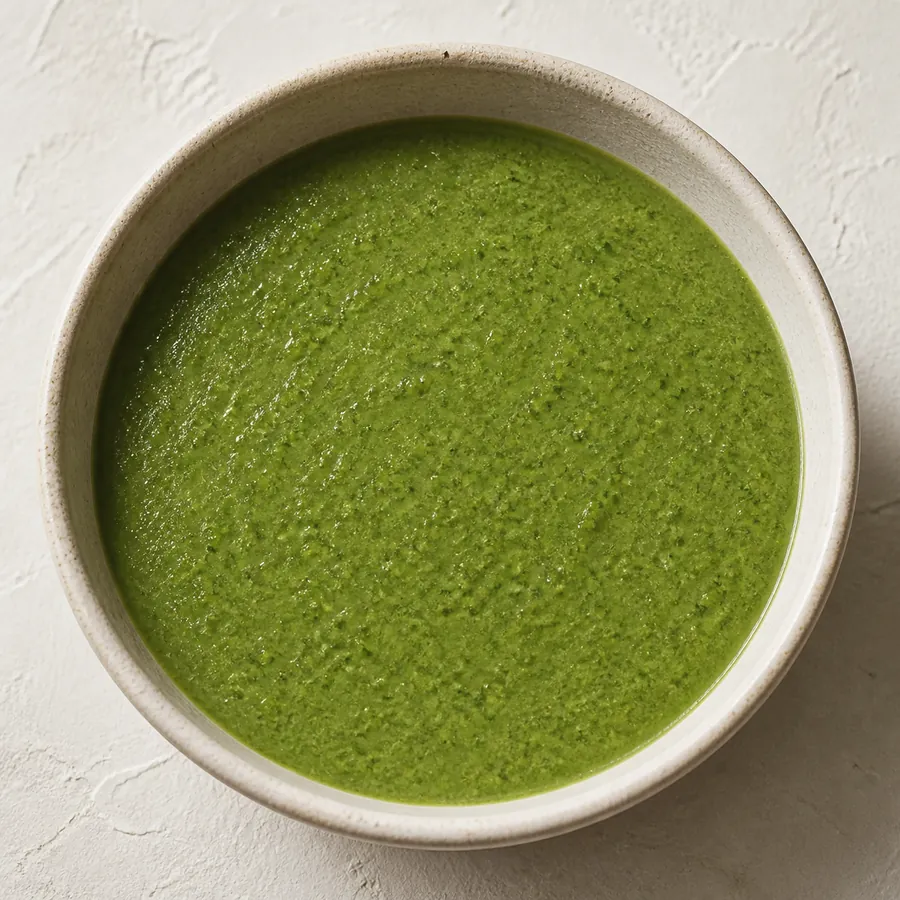 A smooth bright green herb puree in a blender jar, uniform in texture