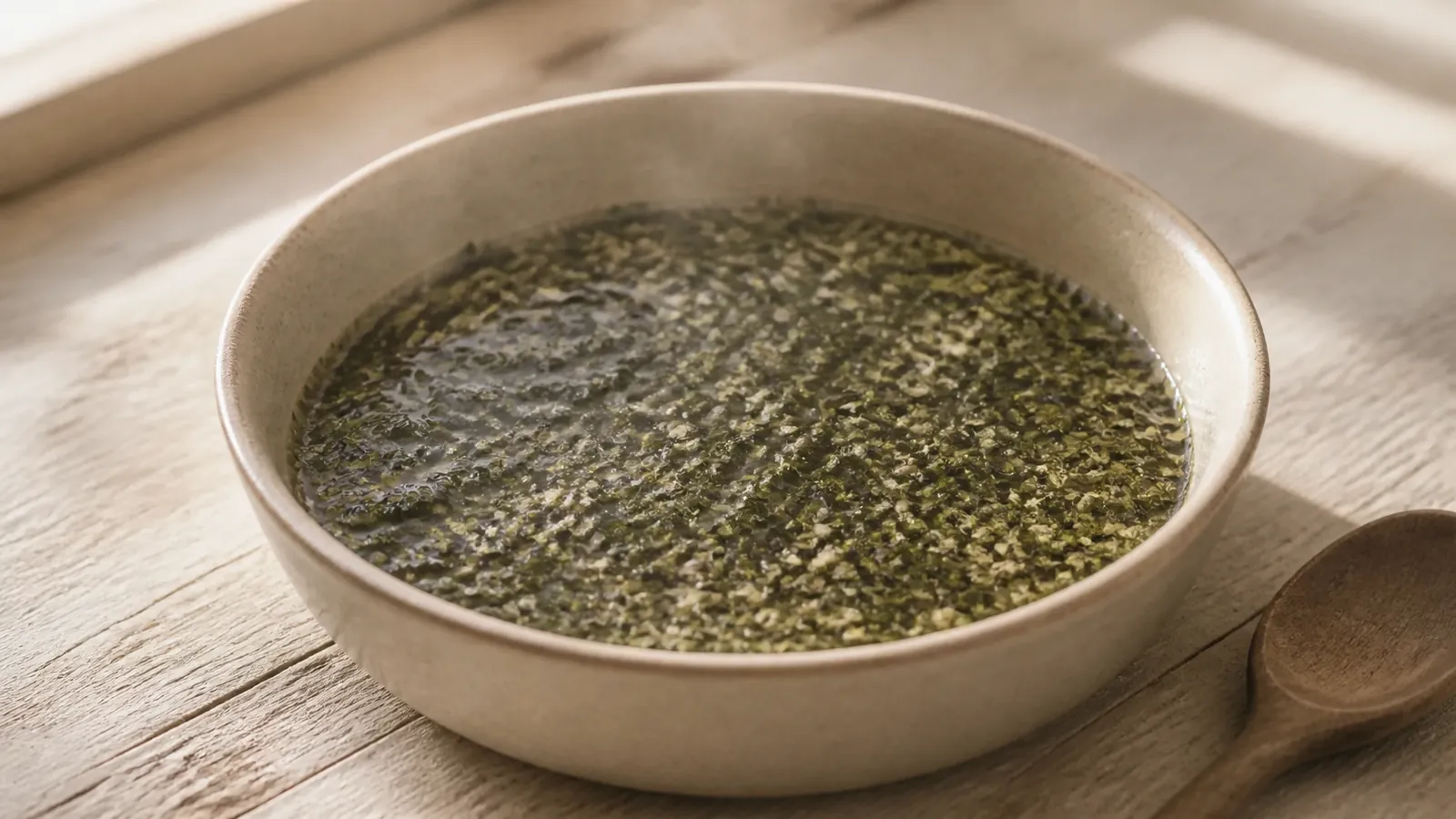 Dried herbs blooming in a shallow bowl of warm water, going dark green