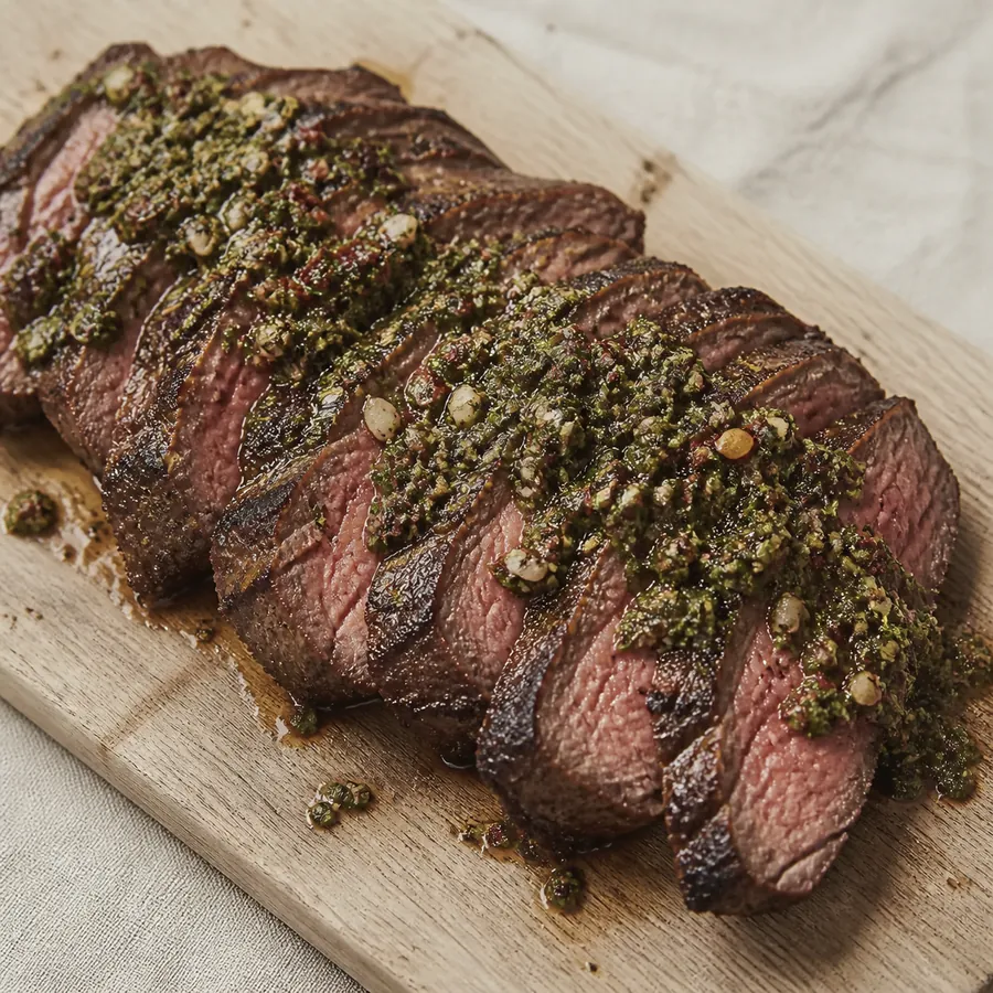 Chimichurri spooned over sliced rested steak on a wooden board