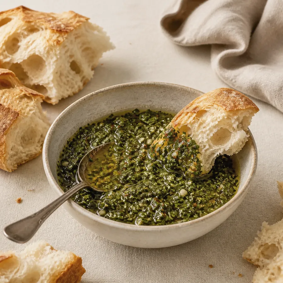 Torn bread being dipped into a bowl of chimichurri