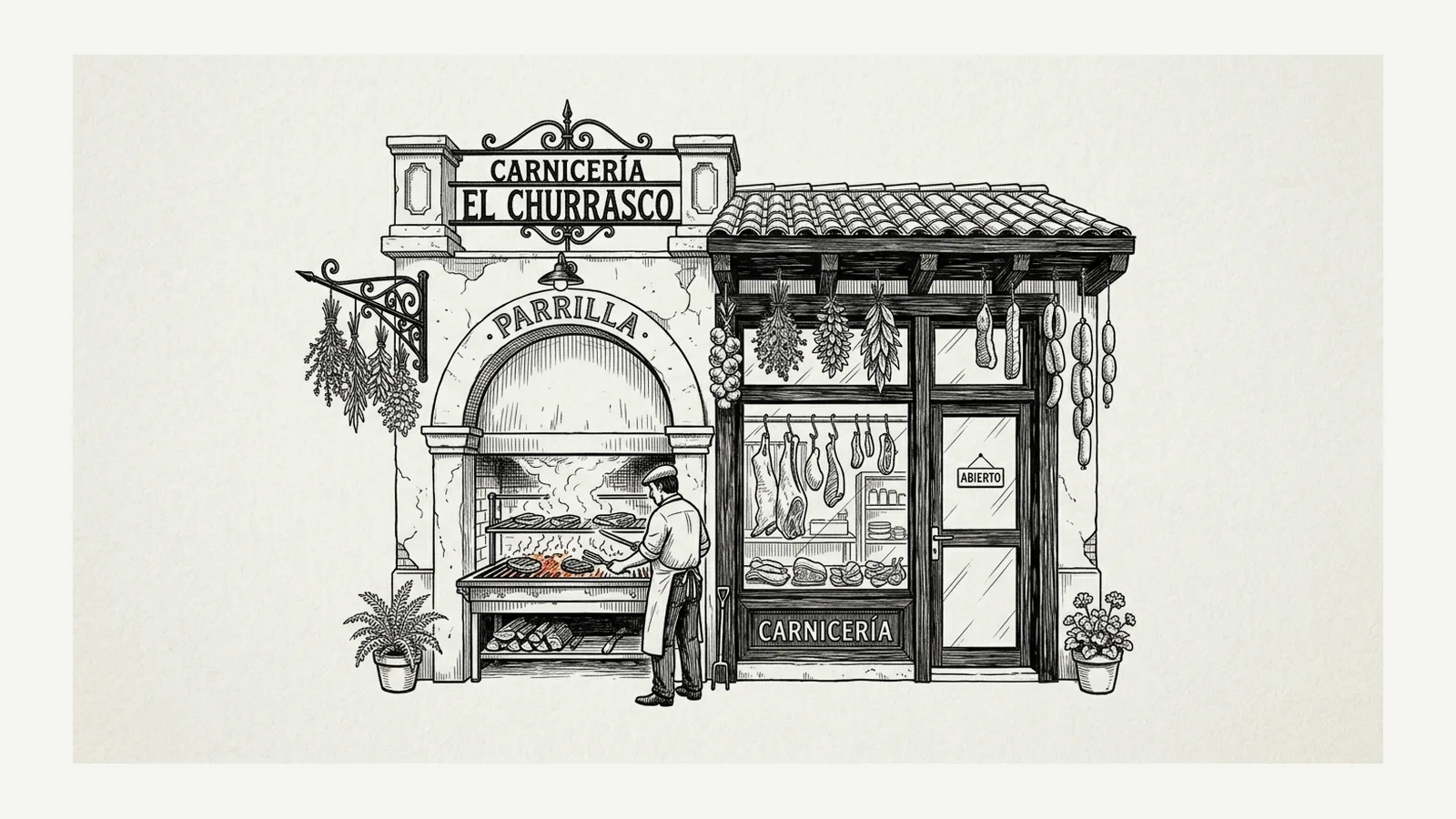 Pen-and-ink drawing of a carniceria with a parrilla and a cook at the grill