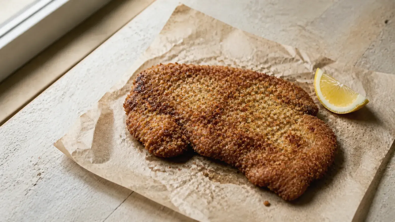 A breaded cutlet resting on brown paper with a wedge of lemon