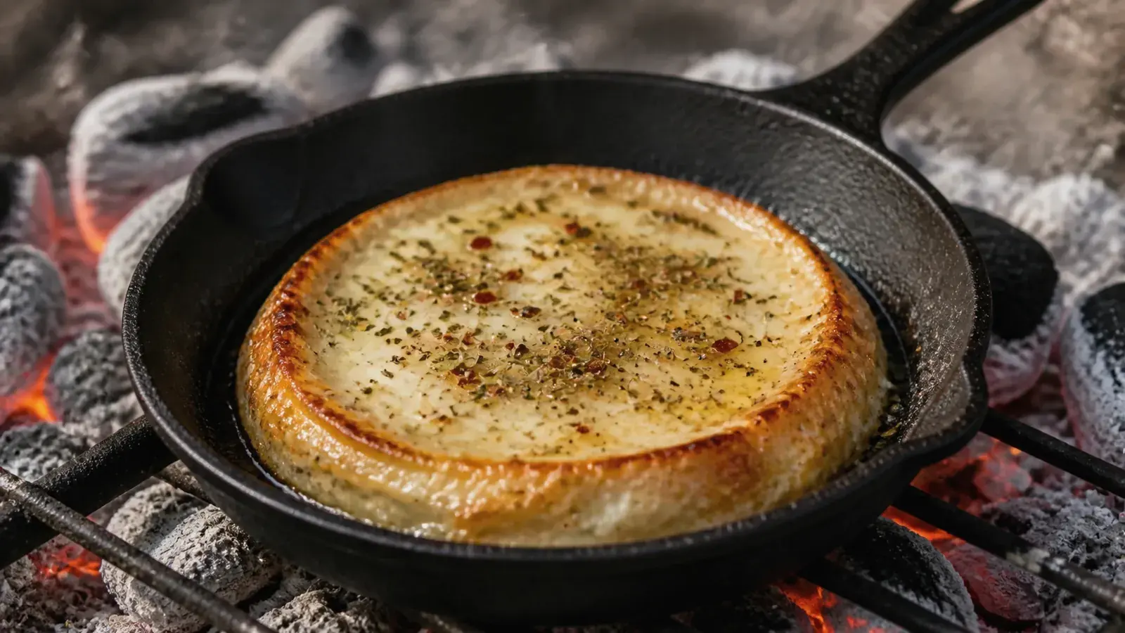 A disc of provolone blistering in a small cast-iron pan over coals