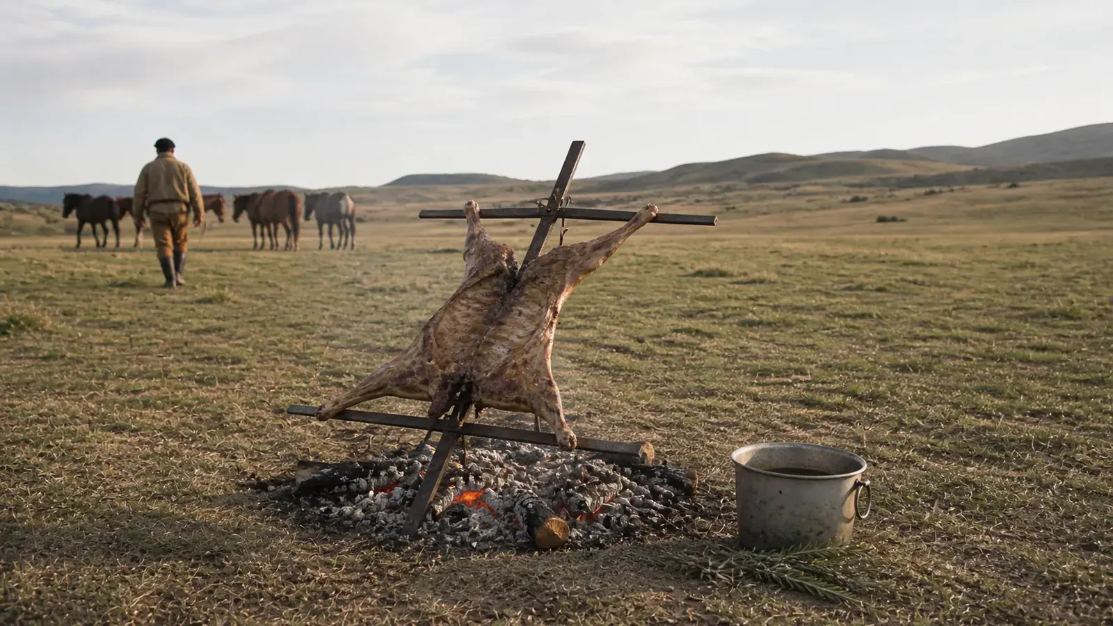 A lamb on an iron cross leaning over coals in open country, a bucket of brine beside it