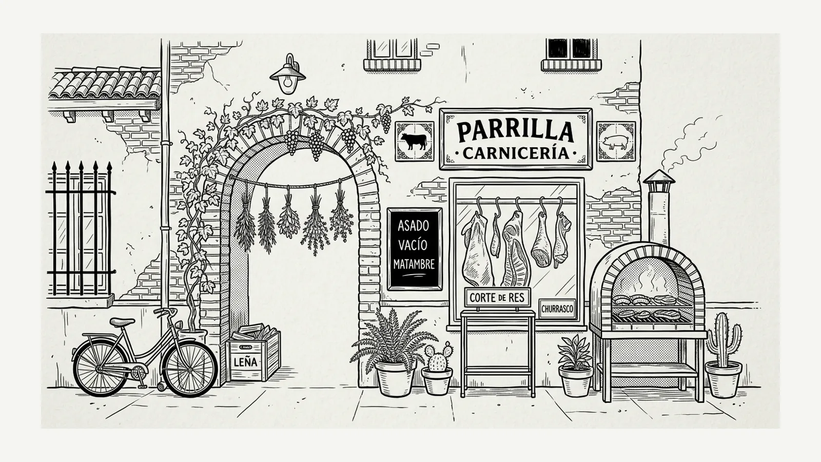 Pen-and-ink drawing of an Argentine parrilla and carniceria storefront