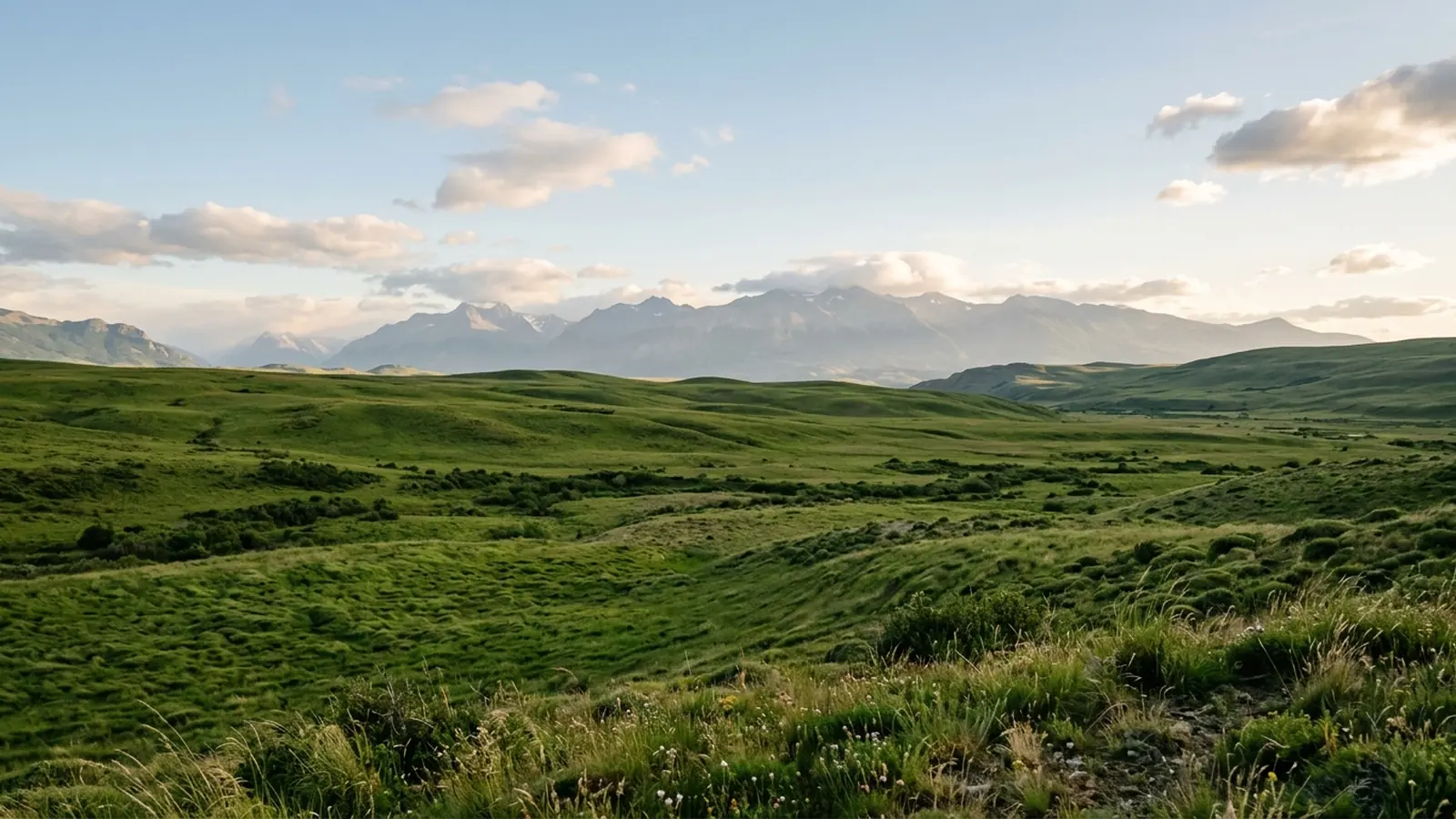 Open Patagonian country under cloud, mountains in the distance
