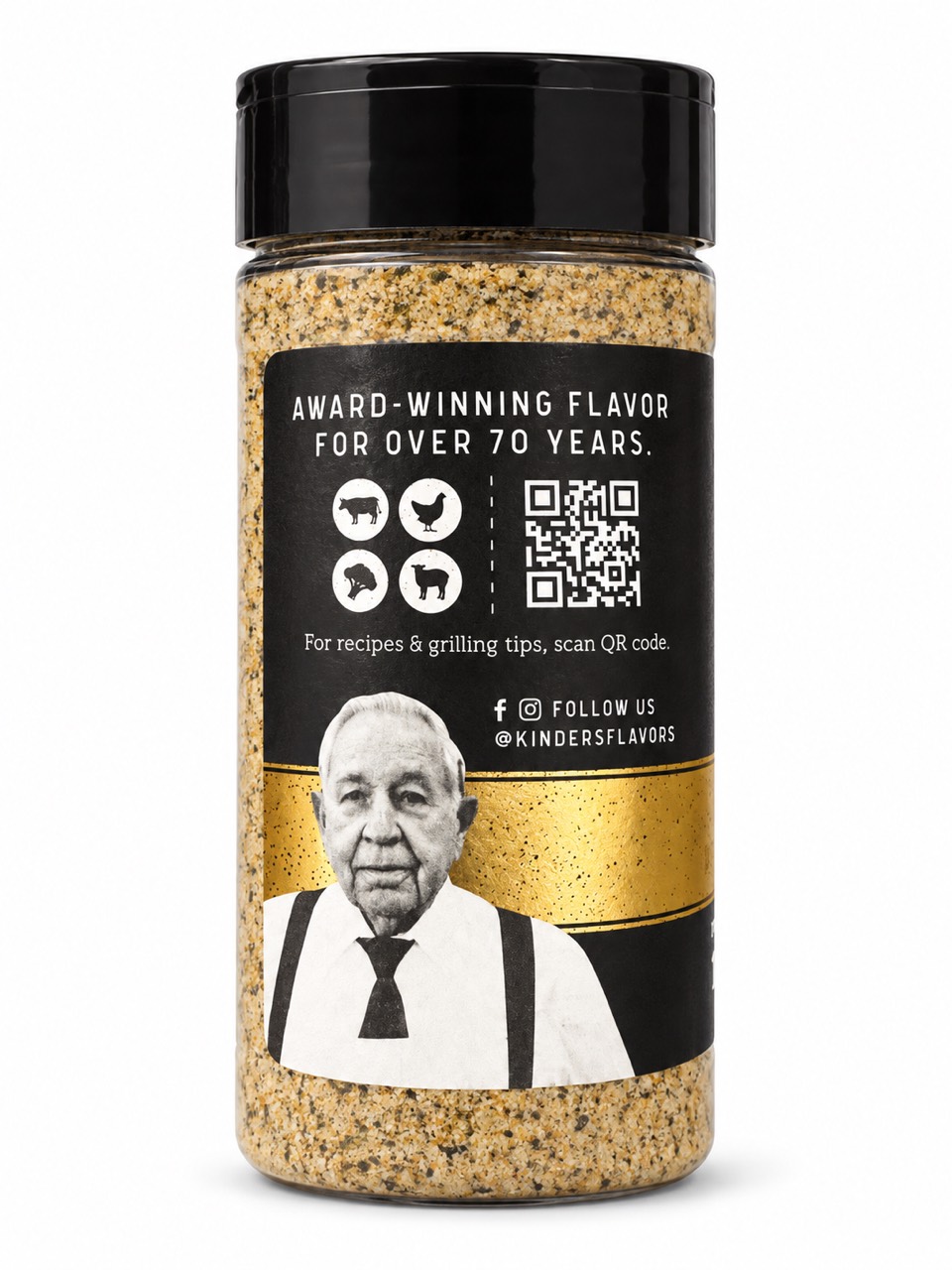 Back of Kinder’s Prime Steak jar with founder portrait, protein icons and recipe QR code