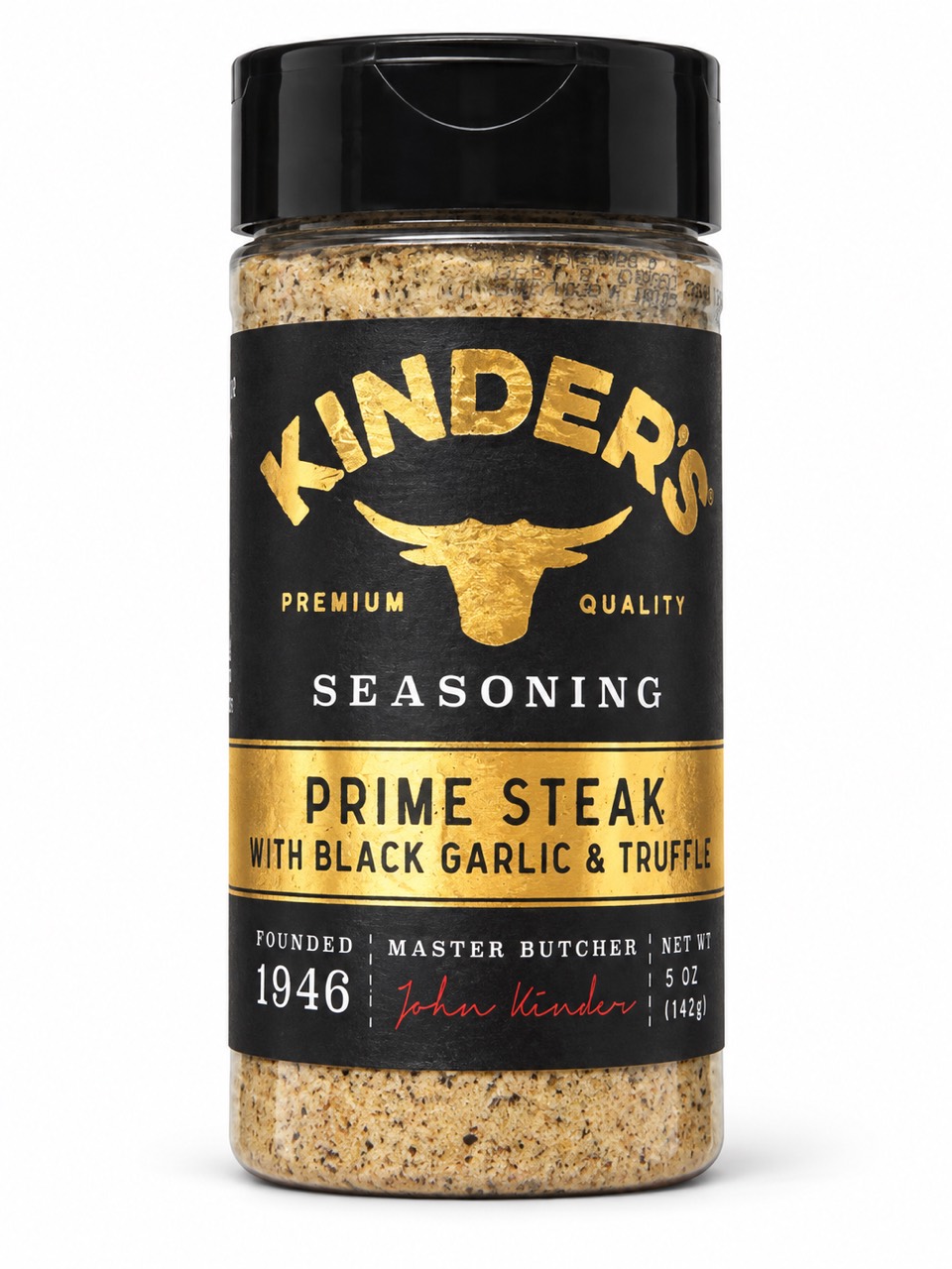 Kinder’s Prime Steak with Black Garlic and Truffle seasoning in a black-lidded 5 oz jar