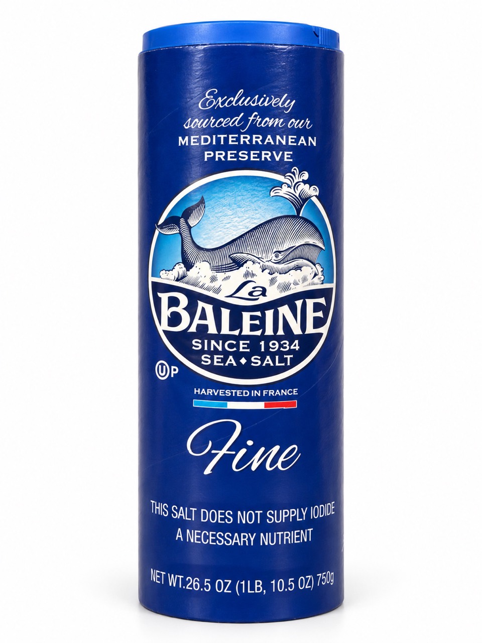 La Baleine Fine Sea Salt 750 g blue canister with whale illustration