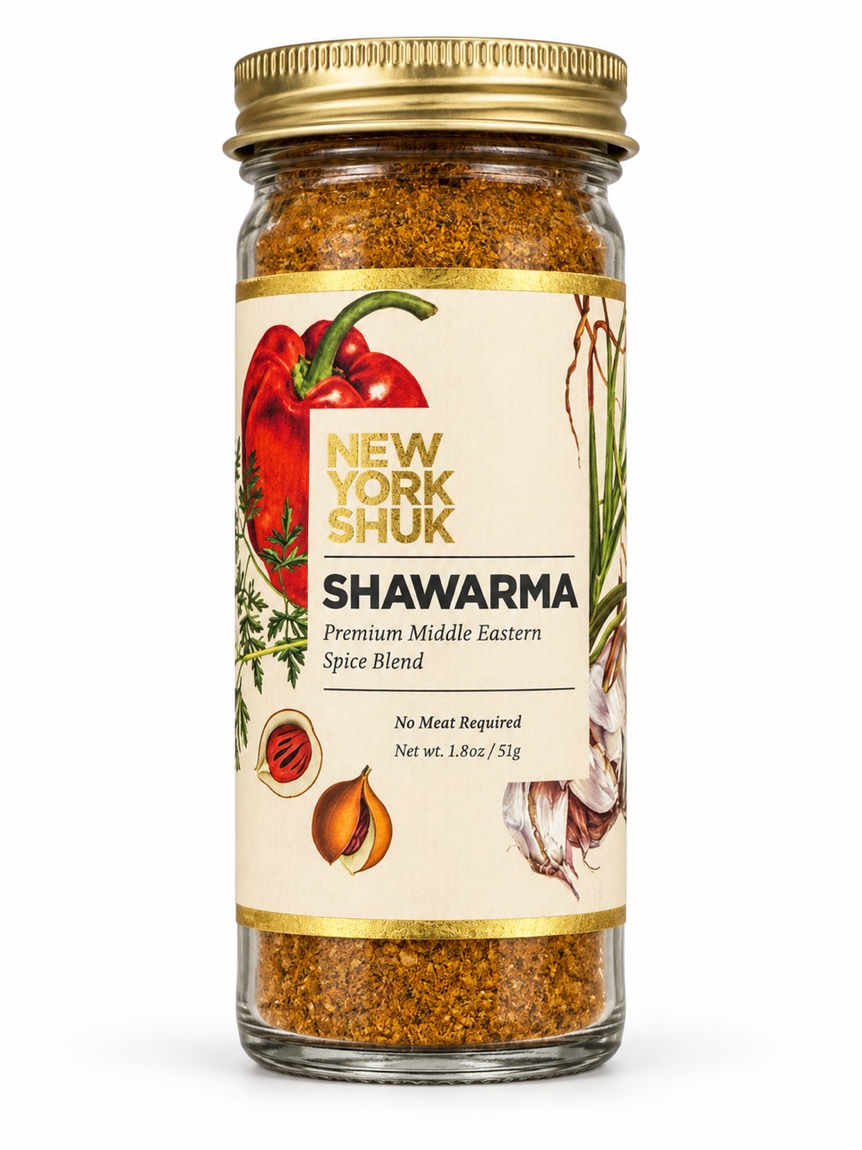 New York Shuk Shawarma spice blend, photographed in its 1.8 oz glass jar with a gold lid