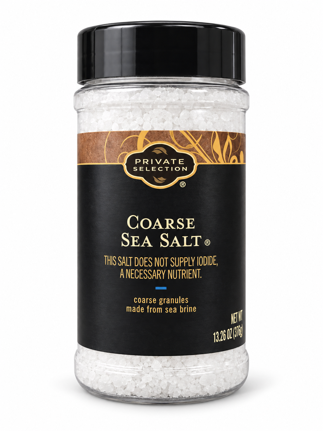 Private Selection Coarse Sea Salt in a black-lidded 13.26 oz shaker with visible white coarse granules