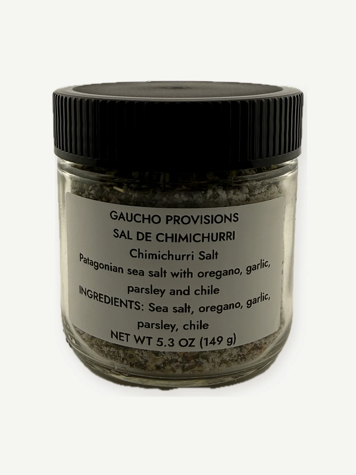 First chimichurri salt test jar with temporary 149 gram label