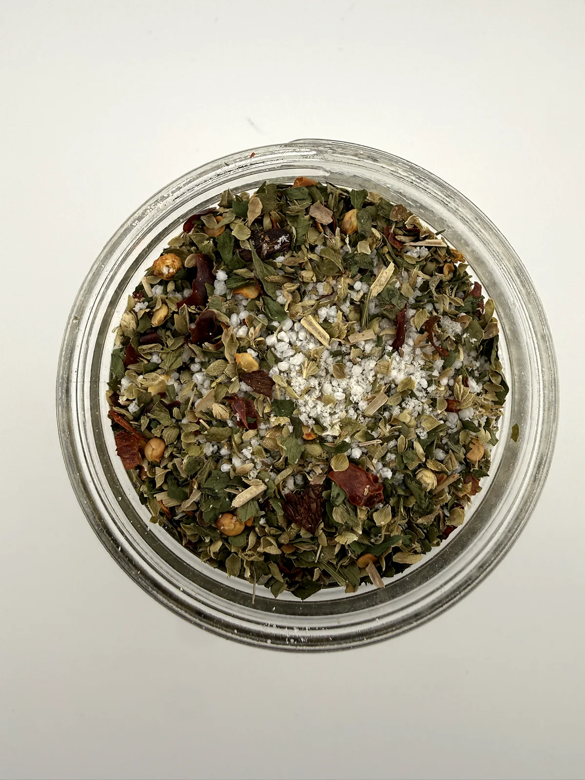 Overhead view into the first chimichurri salt test jar