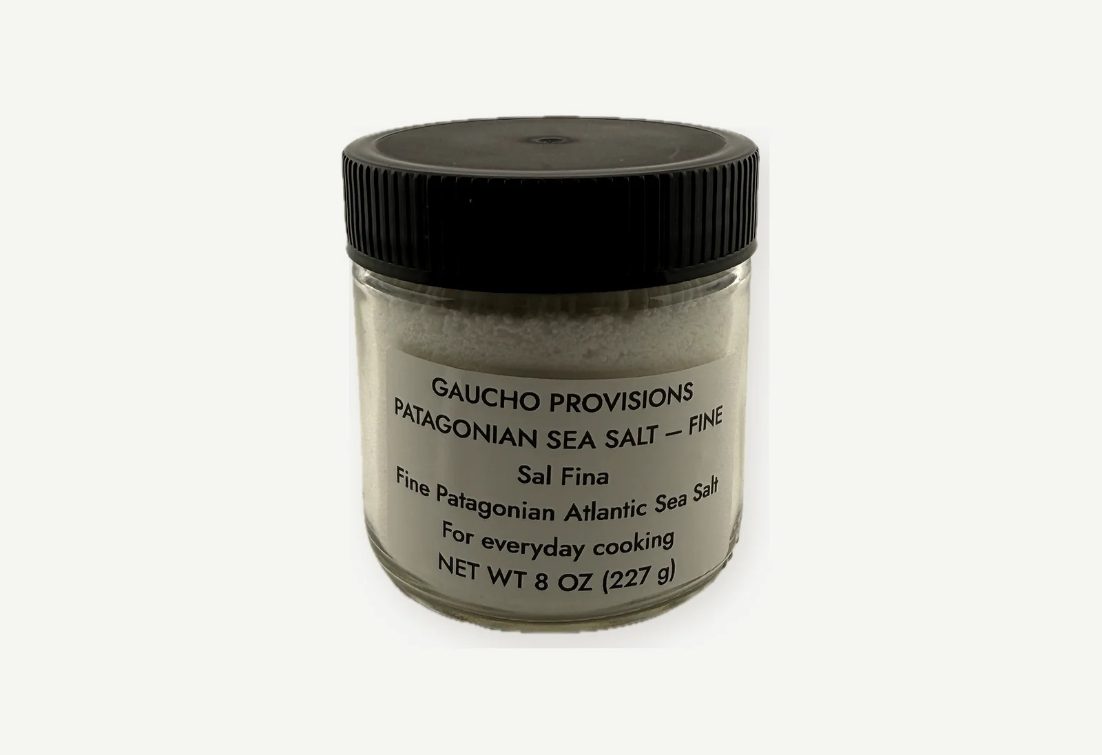 First fill of fine Patagonian sea salt in a temporary labelled jar