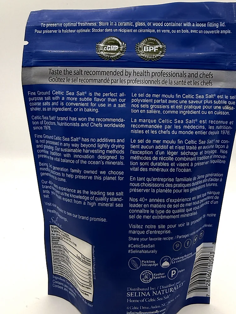 Product description, Nutrition Facts, ingredients, distributor and barcode on Celtic Sea Salt Fine Ground pouch