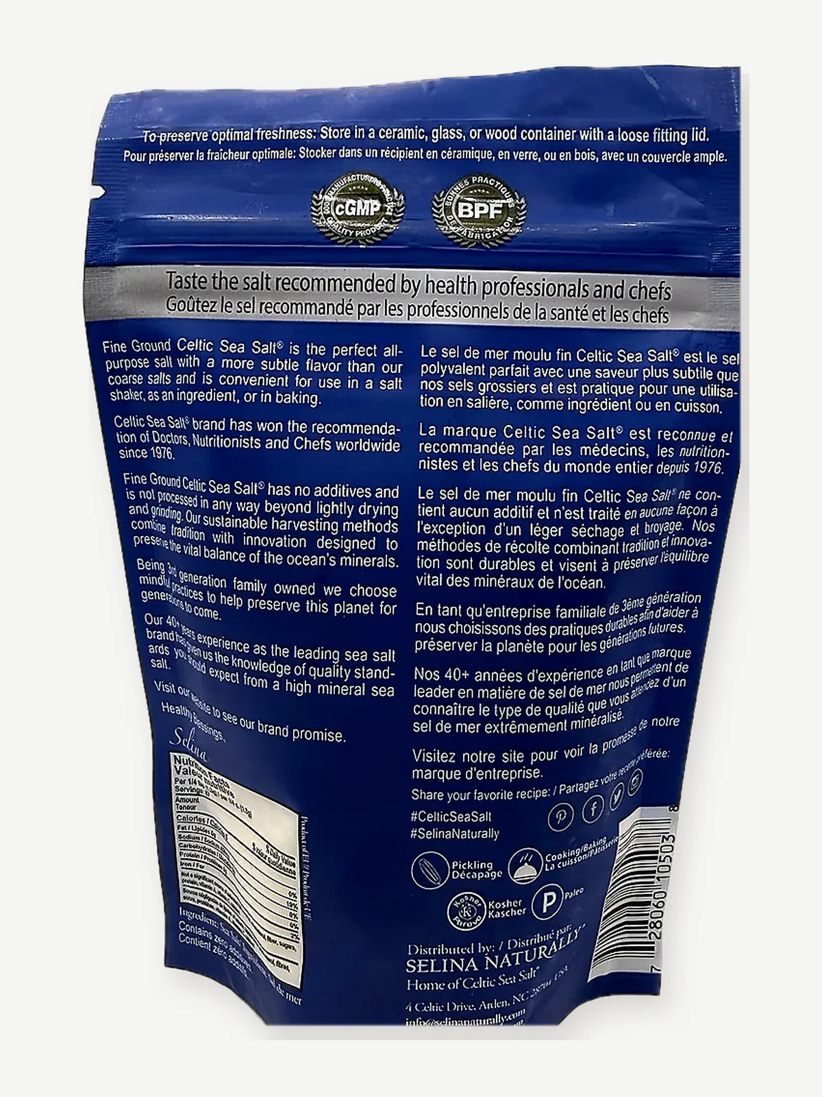 Product description, Nutrition Facts, ingredients, distributor and barcode on Celtic Sea Salt Fine Ground pouch