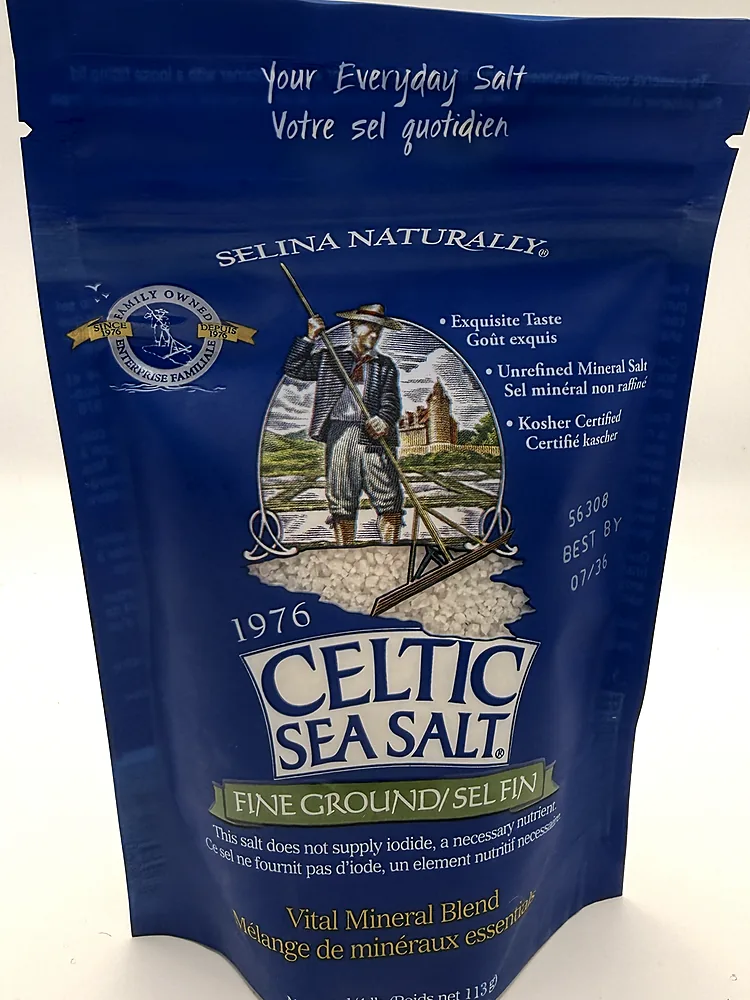 Blue resealable pouch of Selina Naturally Celtic Sea Salt Fine Ground