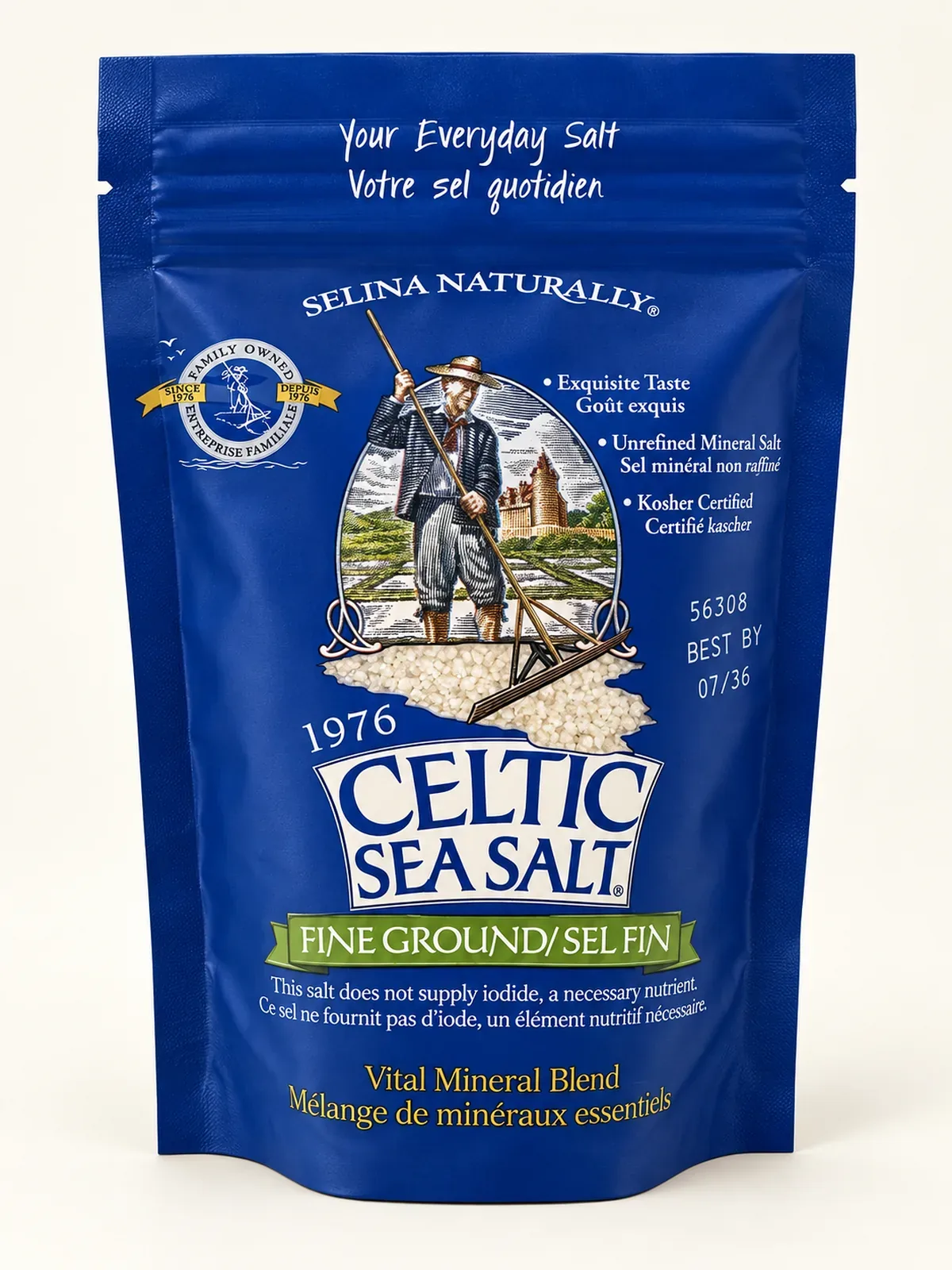 Blue resealable pouch of Selina Naturally Celtic Sea Salt Fine Ground