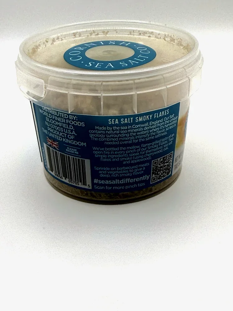 Back of the Cornish Sea Salt tub with distributor details, the story panel and barcode