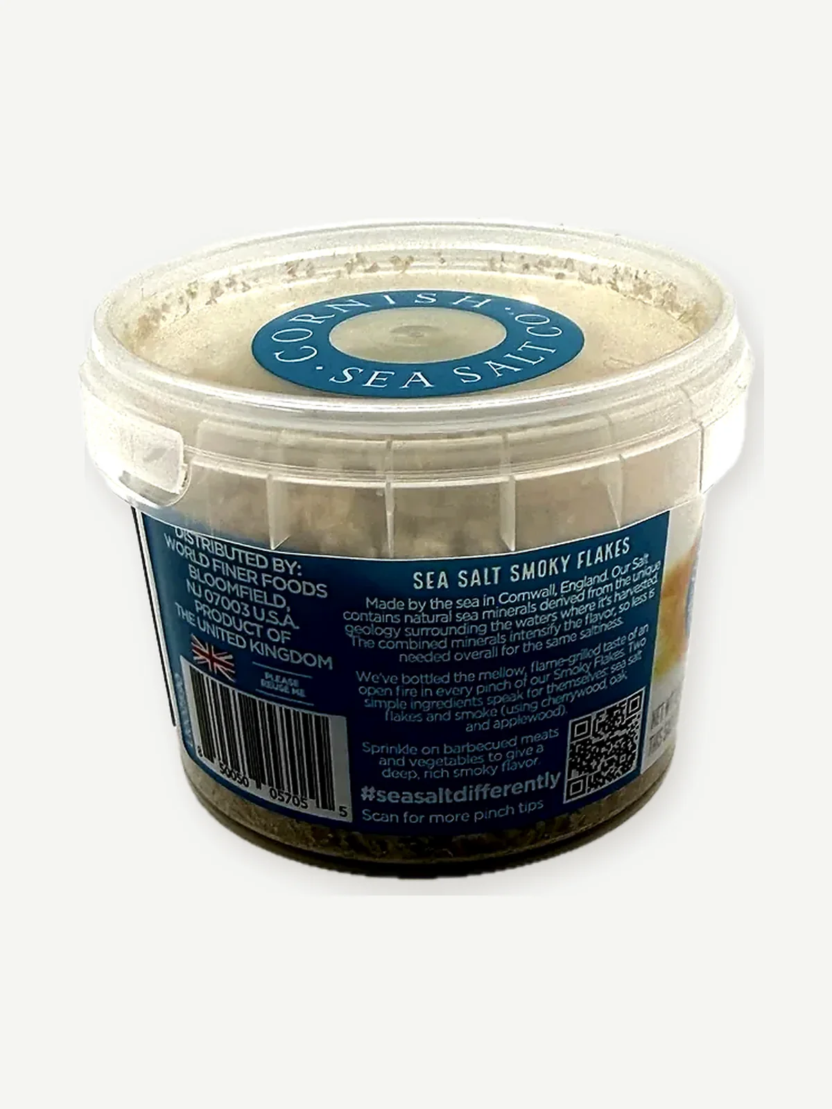 Back of the Cornish Sea Salt tub with distributor details, the story panel and barcode