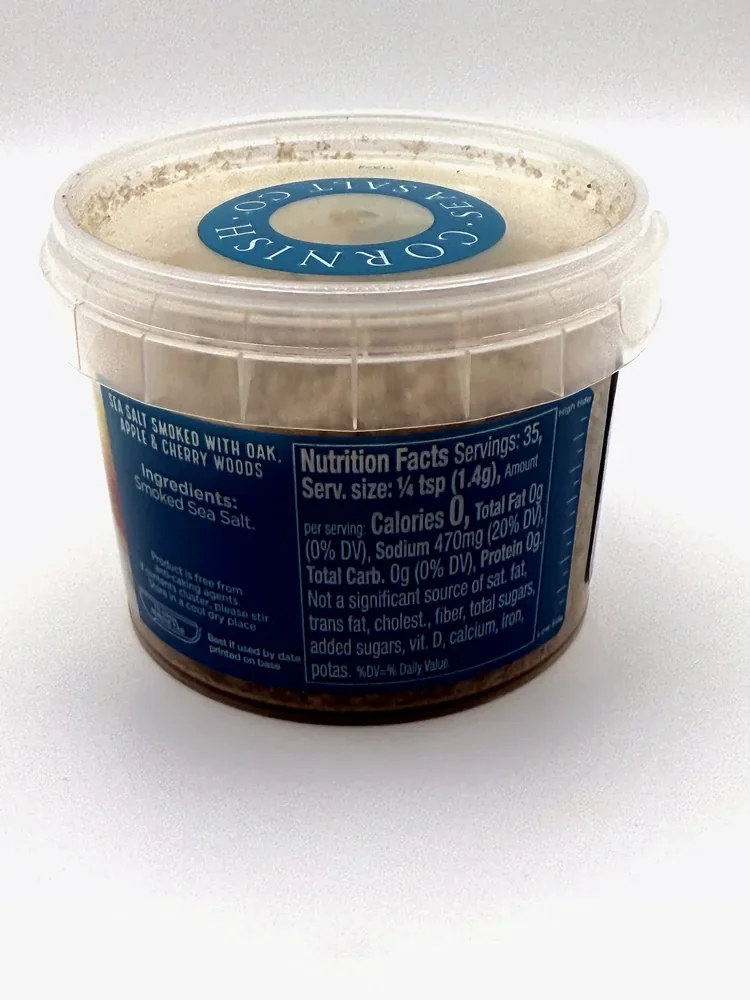 Nutrition Facts panel and single-ingredient list on the side of the Cornish Sea Salt tub